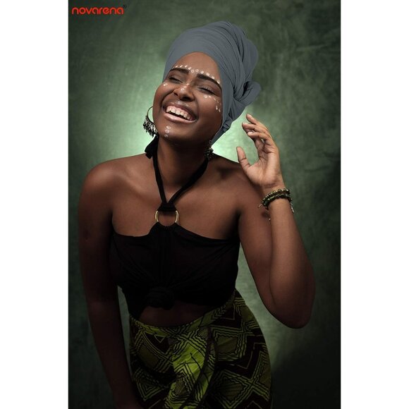 Extra Long Gray Jersey Knit Head Wrap for Women | Stretchy African Turban Scarf - Picture 3 of 6